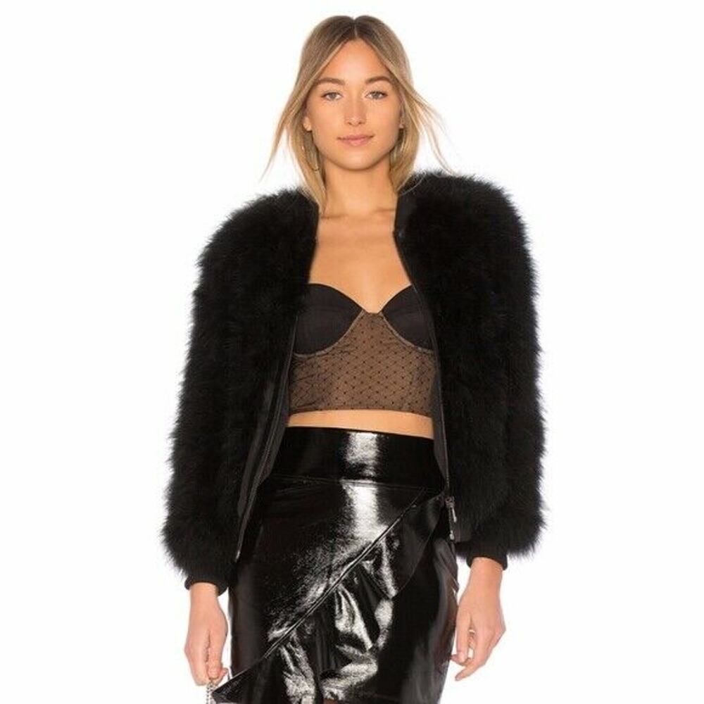 RAVN Black Leather Trimmed Turcia Feather Bomber Jacket Coat Size Medium NWT